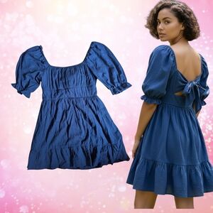 Altar'd State Bow-Back Party Dress W/ Puff Sleeves Navy Blue Size M